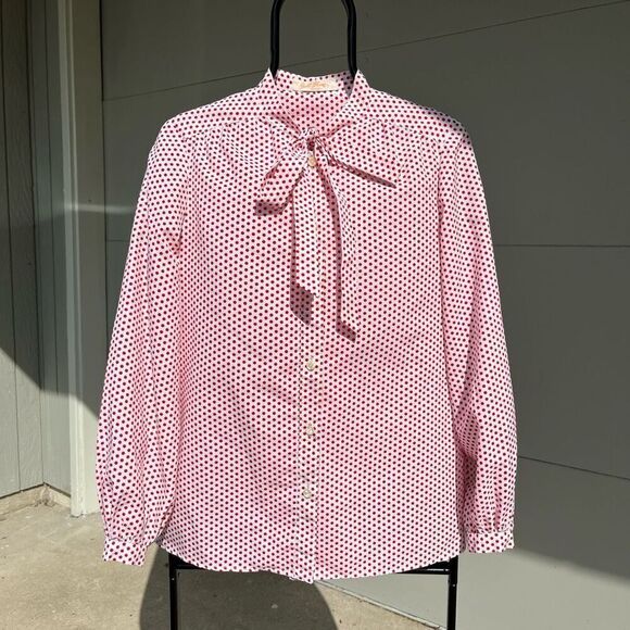 Tops - Vintage 1970s Red White Polkadot Pu*sy Bow Shirt Top Blouse, L, Janet Sloane